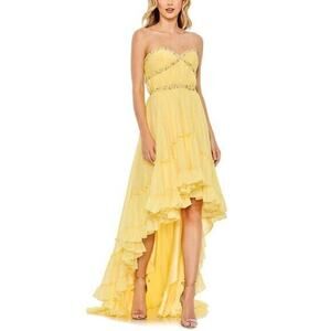Mac Duggal Women's Yellow Beaded Ruffle Strapless Hi Low Dress Gown 14 68096 NEW